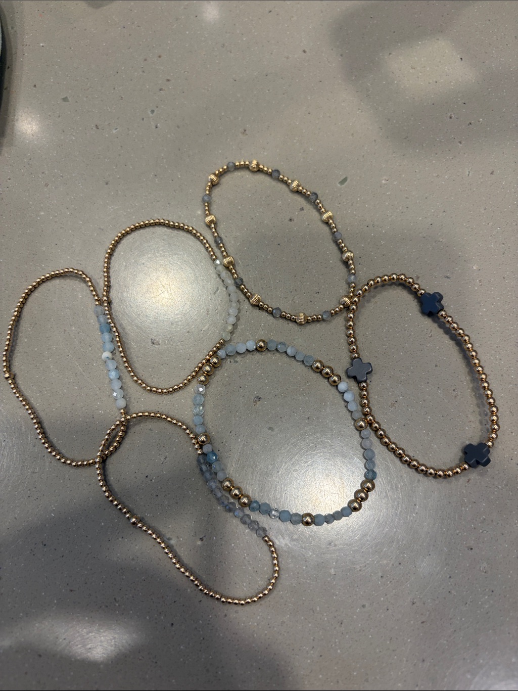 Enewton Gold Bead Bracelet Set With Light Blue And Gray Accents